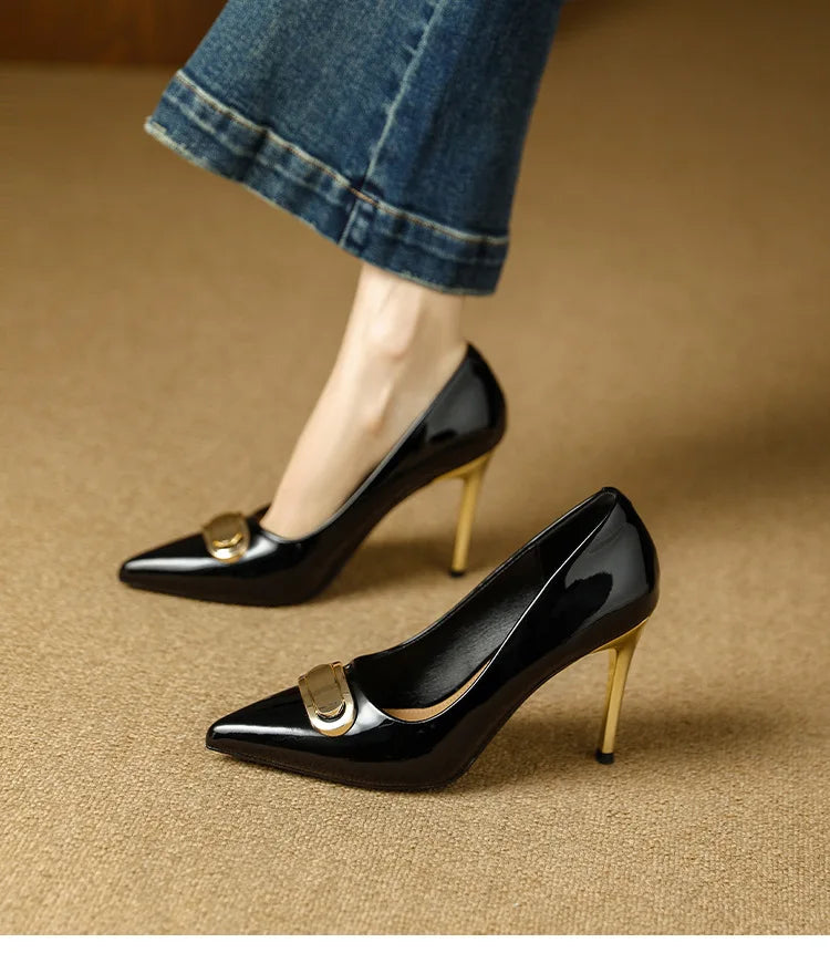 French Style Single Shoes Spring Women Pumps New Pointed Toe Shallow Mouth Metallic Buckle Commuting Shoes Stiletto Single Shoes