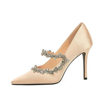 Elegant French Style High Heels Women's Satin Pointed Toe Shoes with Water Diamond Decoration Thin Heel Single Shoes