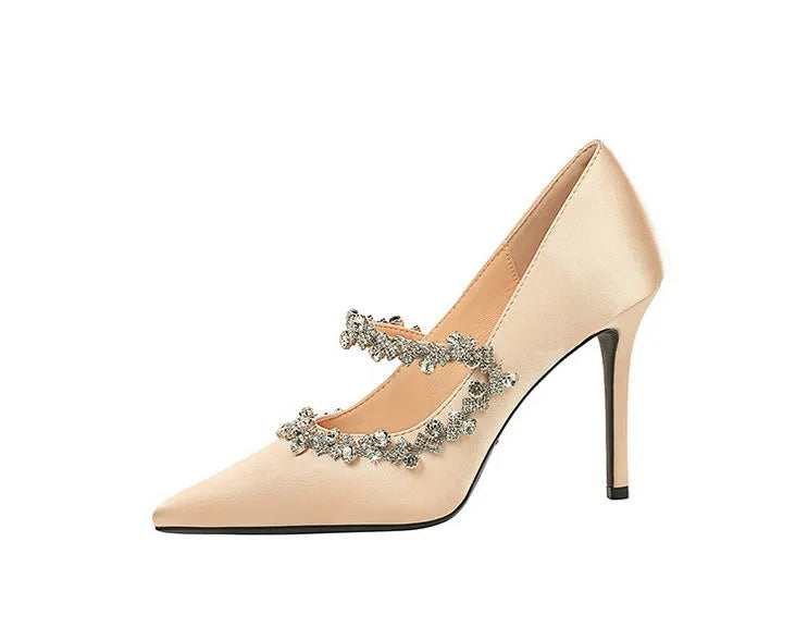 Elegant French Style High Heels Women's Satin Pointed Toe Shoes with Water Diamond Decoration Thin Heel Single Shoes