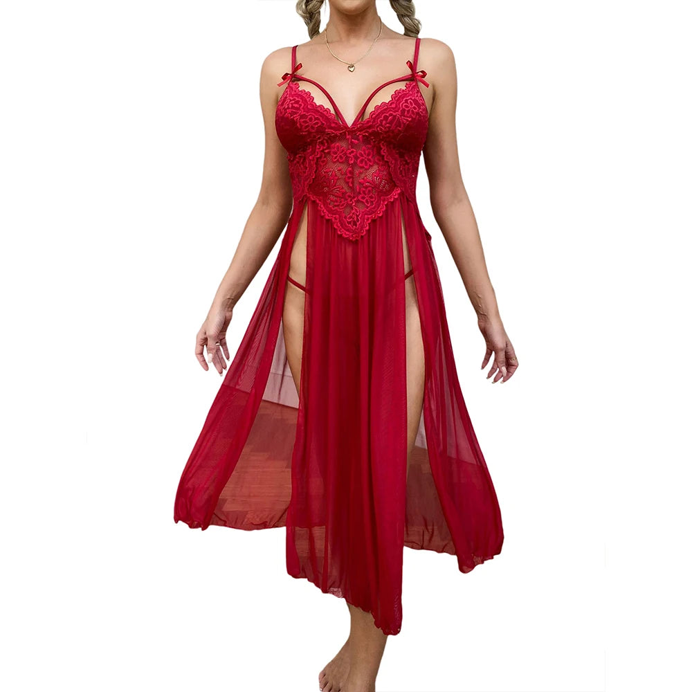 Sexy Lace Solid Women Sleepwear Underwear Mesh Lingerie Deep V Side Slit Sleeveless Female Fashion Robe Dress Nightwear