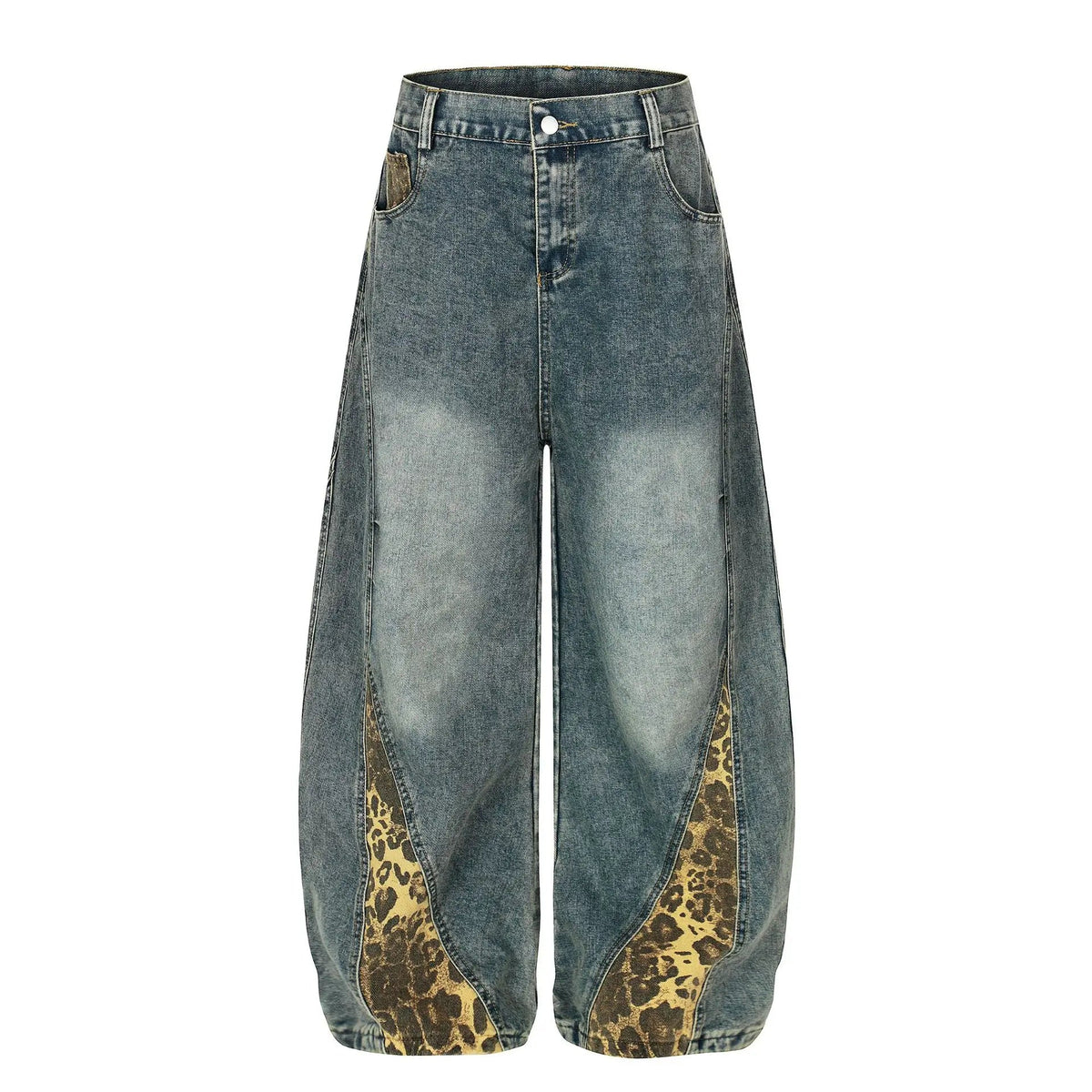 Retro Leopard Print Patchwork Baggy Jeans Men Women High Waist Wide Leg Washed Denim Pants Trousers Natalia Home Fashion    Natalia Home Fashion