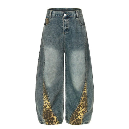 Retro Leopard Print Patchwork Baggy Jeans Men Women High Waist Wide Leg Washed Denim Pants Trousers Natalia Home Fashion    Natalia Home Fashion