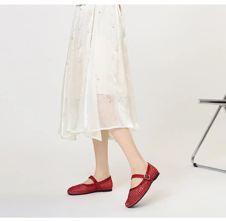 French-style rhinestone mesh Mary Jane shoes, breathable shallow single shoes, fairy-style soft-soled flat shoes