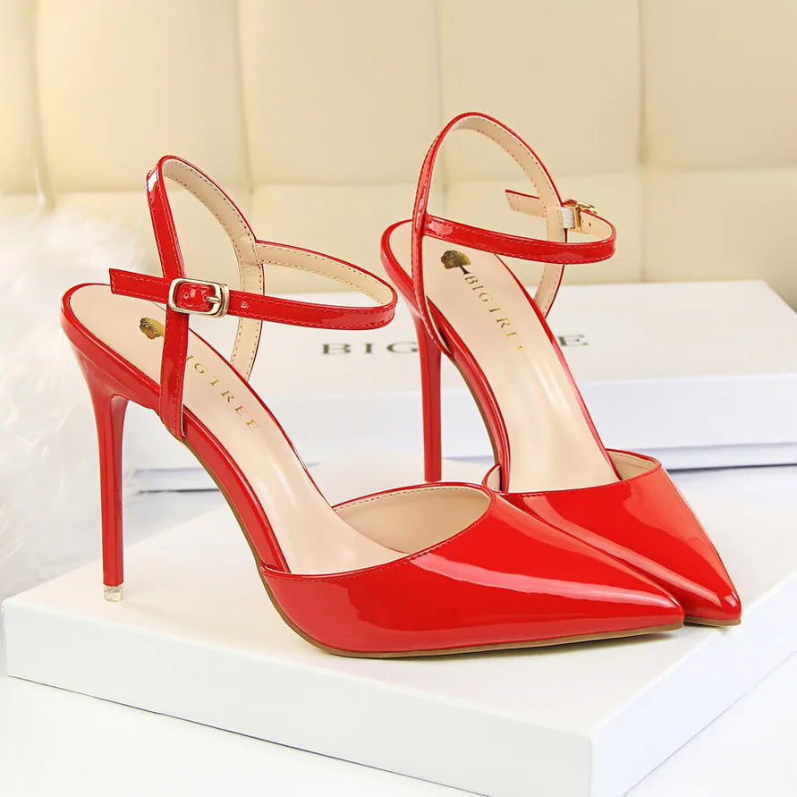 Women 10.5cm High Heels Sandals Lady Metallic Gray Patent Leather Stripper Ankle Strap Sandals Wedding Fetish Nightclub Shoes