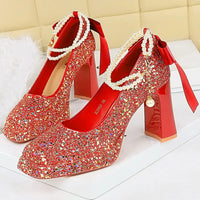 Pearl Chain Design Women Pumps Sequin Platform high heels Square head Thick heeled shoes with Women heels