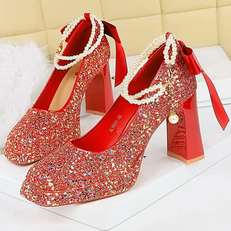 Pearl Chain Design Women Pumps Sequin Platform high heels Square head Thick heeled shoes with Women heels