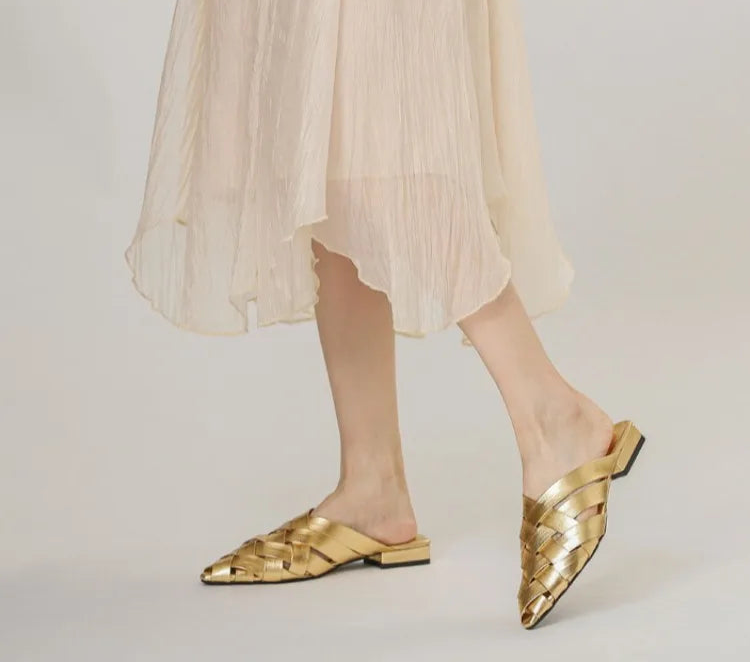 Hollow Woven Pointed Cool Slippers Women's Summer Thick Heel Outer Wear Bag Head Half Slippers Women Sandals