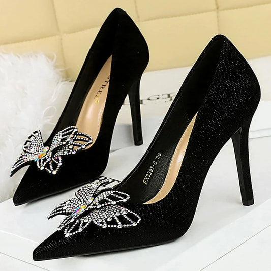 Rhinestone Women Pumps Butterfly High Heels 10 CM Stilettos Suede Women Heels Luxury banquet shoes Fashion Wedding shoes