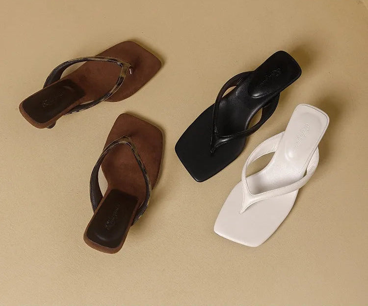 Formal Flip Flops Woman High Heels Cool Slippers Women's Summer New Retro Leopard Print Toe Square Heel Slippers Women Outside
