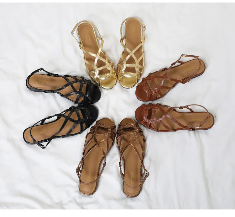French-style cross-strap sandals, summer open-toe flat women's shoes, one-strap buckle Roman-style commuter shoes