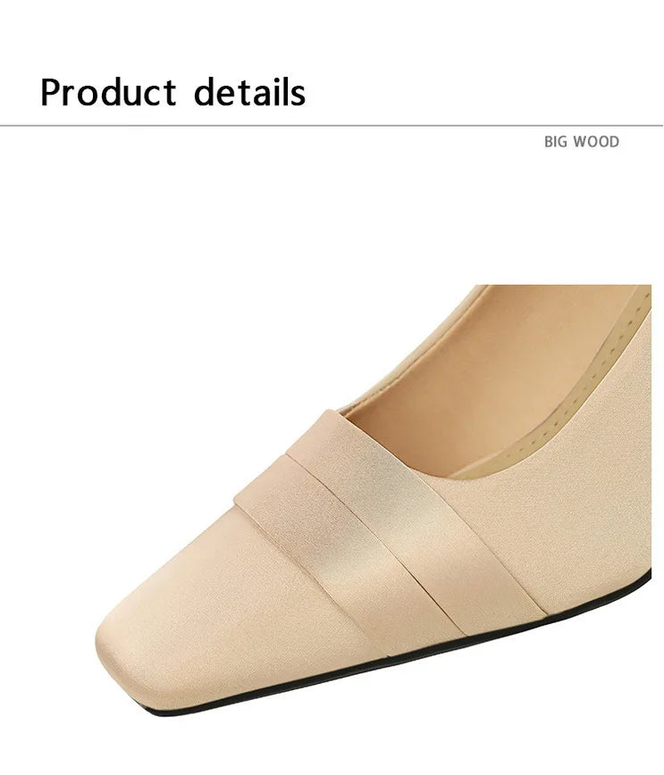 Elegant Satin High Heels Square Toe Slip-On Chunky Heel Comfortable Women's Shoes for Party Fashion Footwear Summer Autumn