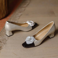 Rhinestone Camellia Flower Women's Shoes Square Toe Thick Heels 5cm Ladies Pumps Party Shoes