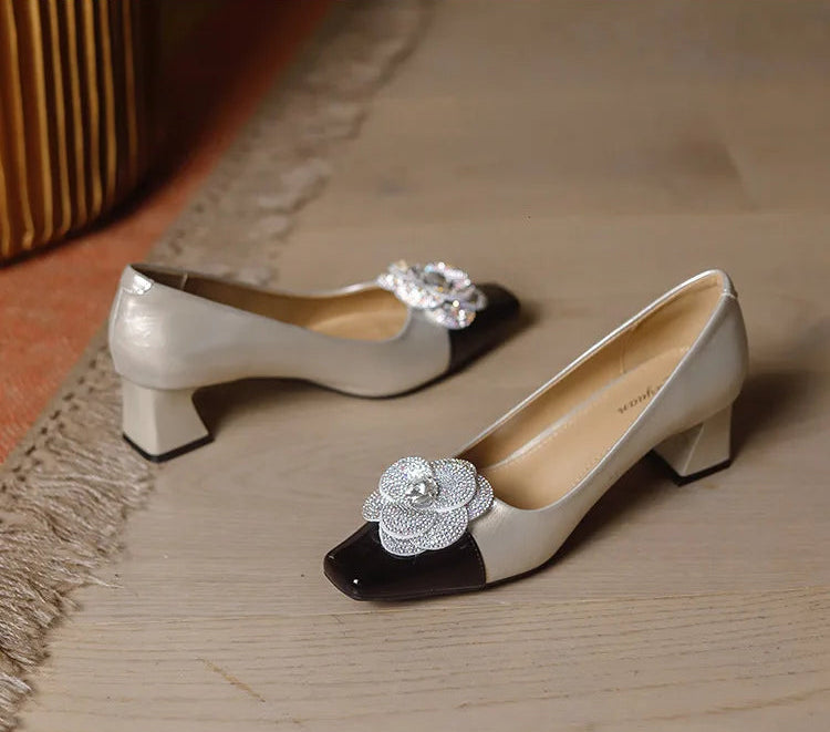 Rhinestone Camellia Flower Women's Shoes Square Toe Thick Heels 5cm Ladies Pumps Party Shoes