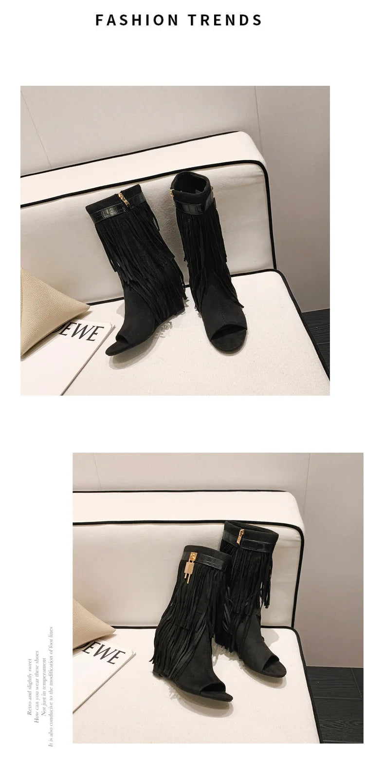 Designer Fringe Wedges Boot Sandals Woman High Heels Open Toe Party Prom Shoes Sexy Zipper Female Pumps Women Boots