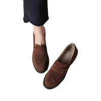 British Style Fleece Lined Chunky Heel Loafers Women's Shoes Retro French Vintage Leather Casual Shoes Rubber Sole Adult Footwear