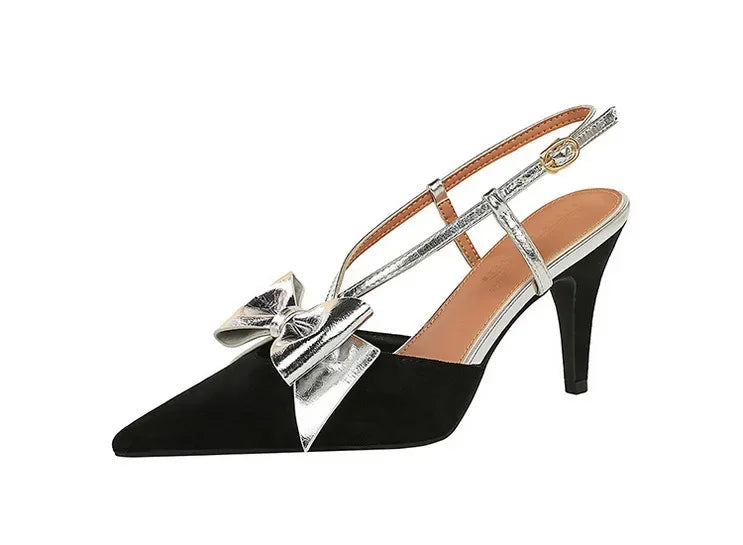 French Style Velvet Pointed Toe High Heels Hollow out Embroidery Butterfly Knot Party Shoes Women's Low Heel Single Shoes