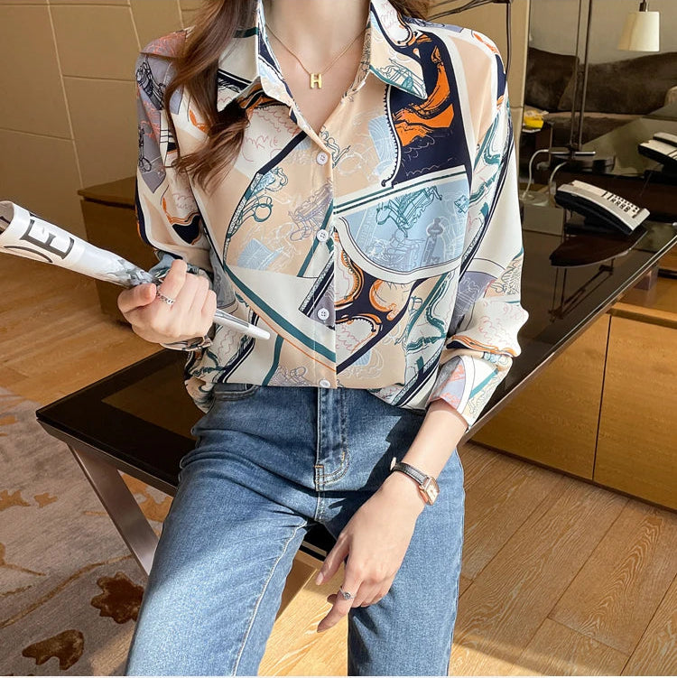 Chiffon Allover Printed Women's Blouses High Quality Long Sleeve Single Breasted Spring Summer Casual Lady Blouses