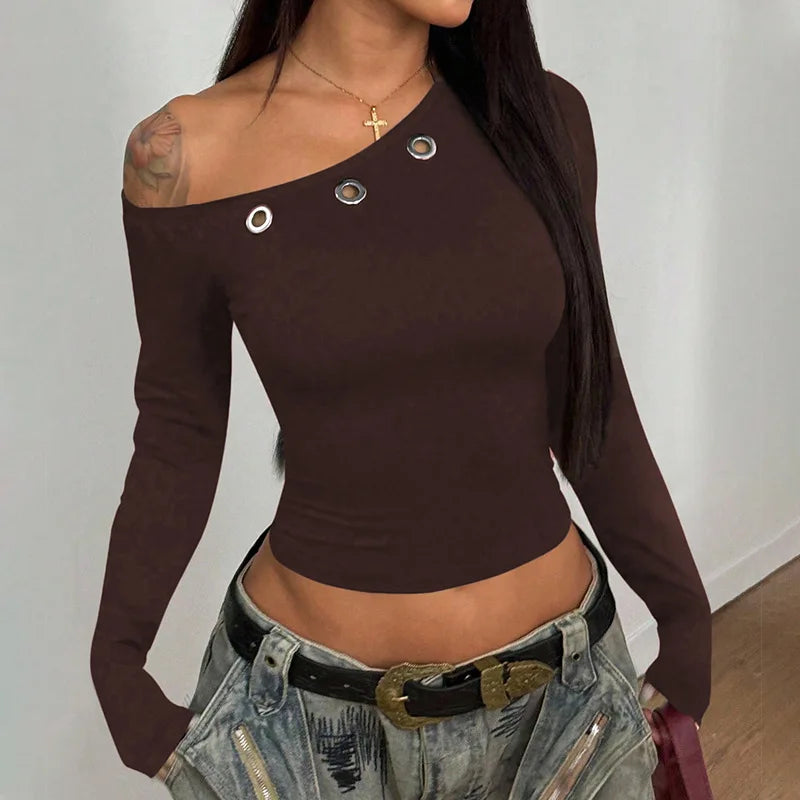 Casual Skew Collar Long Sleeve T-Shirts Women Solid Slim Pullovers Tees Shirts Female Basic Black Crop Top