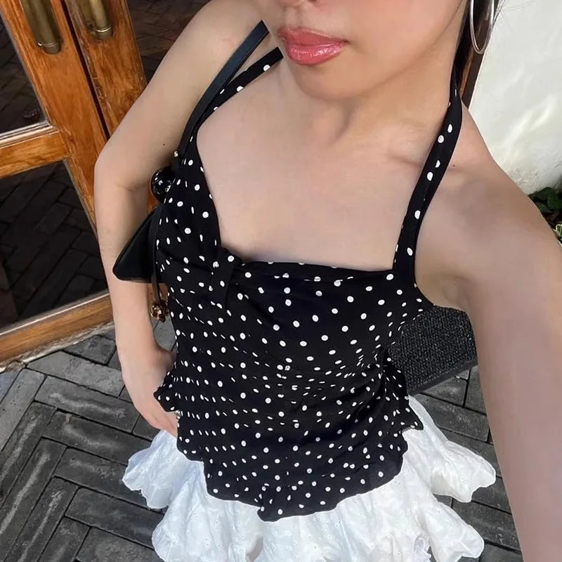Polka Dot Print Tops Women Halter Low-Neck Bandage Ruffles Backless Sleeveless Skinny Fashion Street Versatile Vest