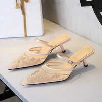 Sexy Embroidered Lace Mesh Slip-On Shoes with Fine Heel And Straps Hollow out Design for Women Fashionable Summer Slippers - Natalia Home Fashion