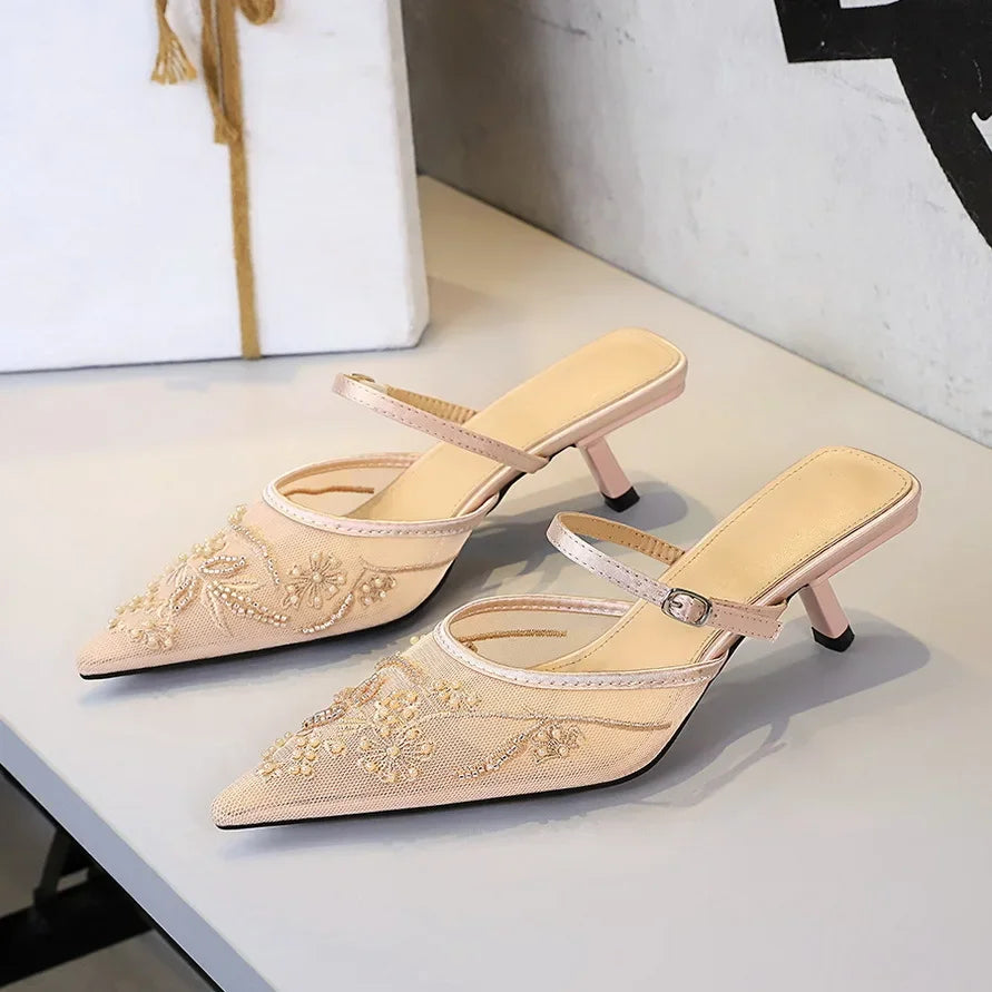 Sexy Embroidered Lace Mesh Slip-On Shoes with Fine Heel And Straps Hollow out Design for Women Fashionable Summer Slippers - Natalia Home Fashion