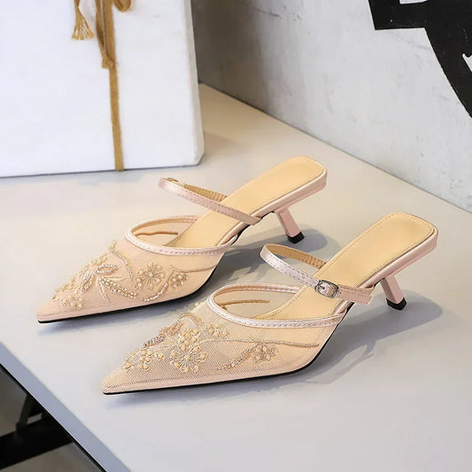 Sexy Embroidered Lace Mesh Slip-On Shoes with Fine Heel And Straps Hollow out Design for Women Fashionable Summer Slippers - Natalia Home Fashion