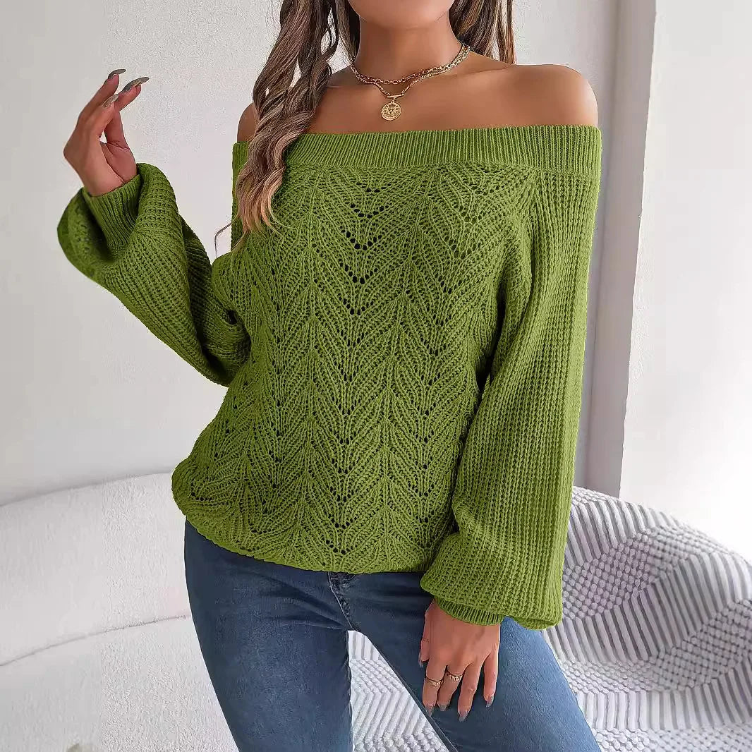 Casual Fashion Solid Color Hollow Out Sweater Off Shoulder Lantern Sleeve Knitted Pullover Women Clothes