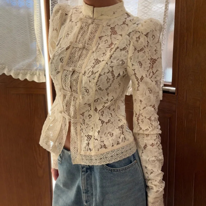 Women's 2026 Vintage White Blouse, Elegant Embroidery Puff Sleeve Hollow Out Lace Stand Collar Casual Summer Top Natalia Home Fashion    Natalia Home Fashion