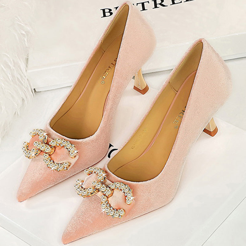 Luxury Women 7cm High Heels Wedding Pumps Lady Luxury Designer Metal Chain Buckle High Heels Stiletto Women Dress Shoes