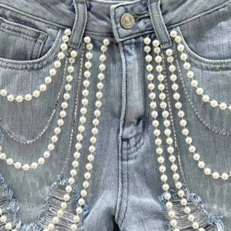 Denim Summer Shorts for Women's Bottoms Pearls Fashion Casual Shorts
