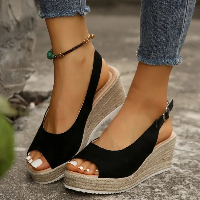 Women's Platform Sandals Summer New Large Size Fish Mouth Slope Heel Stones Pattern Shoes Thick Bottom Clog Casual Slip-On