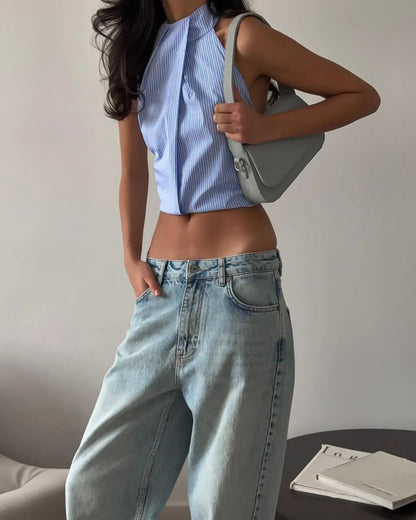 Fashion Stripe Halter Neck Backless Shirt Women Exquisite Tie Waist Sleeveless Vest 2026 Lady Daily Commute Street Cropped Wears Natalia Home Fashion    Natalia Home Fashion