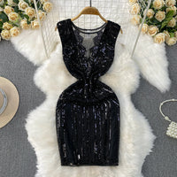 Sexy Sleeveless V-neck mesh sequin Bodycon Dress Chic Women Slim Women Slip Dress