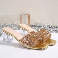 Shiny Sequins High Heel Slippers for Women Summer Fashion Square Toe Transparent Heeled Sandals Woman Glitter Slides - Natalia Home Fashion