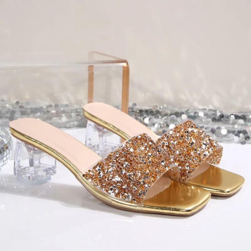 Shiny Sequins High Heel Slippers for Women Summer Fashion Square Toe Transparent Heeled Sandals Woman Glitter Slides - Natalia Home Fashion