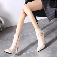 Women Ankle Boots Runway Style Sexy Belt Buckle Side Zip High Heels Patent Leather Party Dress Ladies Shoes