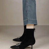 Fashionable Slim Fit Diamond Decorated Pointed Toe High Heel Bootie Mid-Calf Zipper Closure Leather Boot for Women