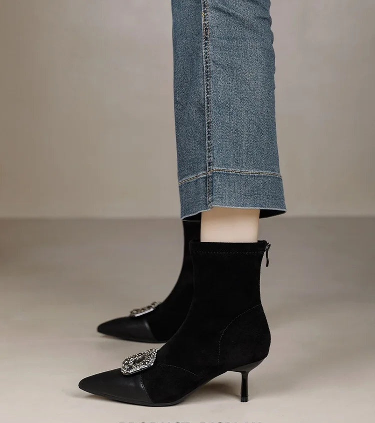 Fashionable Slim Fit Diamond Decorated Pointed Toe High Heel Bootie Mid-Calf Zipper Closure Leather Boot for Women