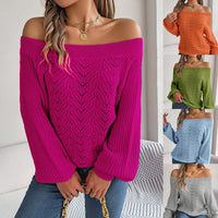 Casual Fashion Solid Color Hollow Out Sweater Off Shoulder Lantern Sleeve Knitted Pullover Women Clothes