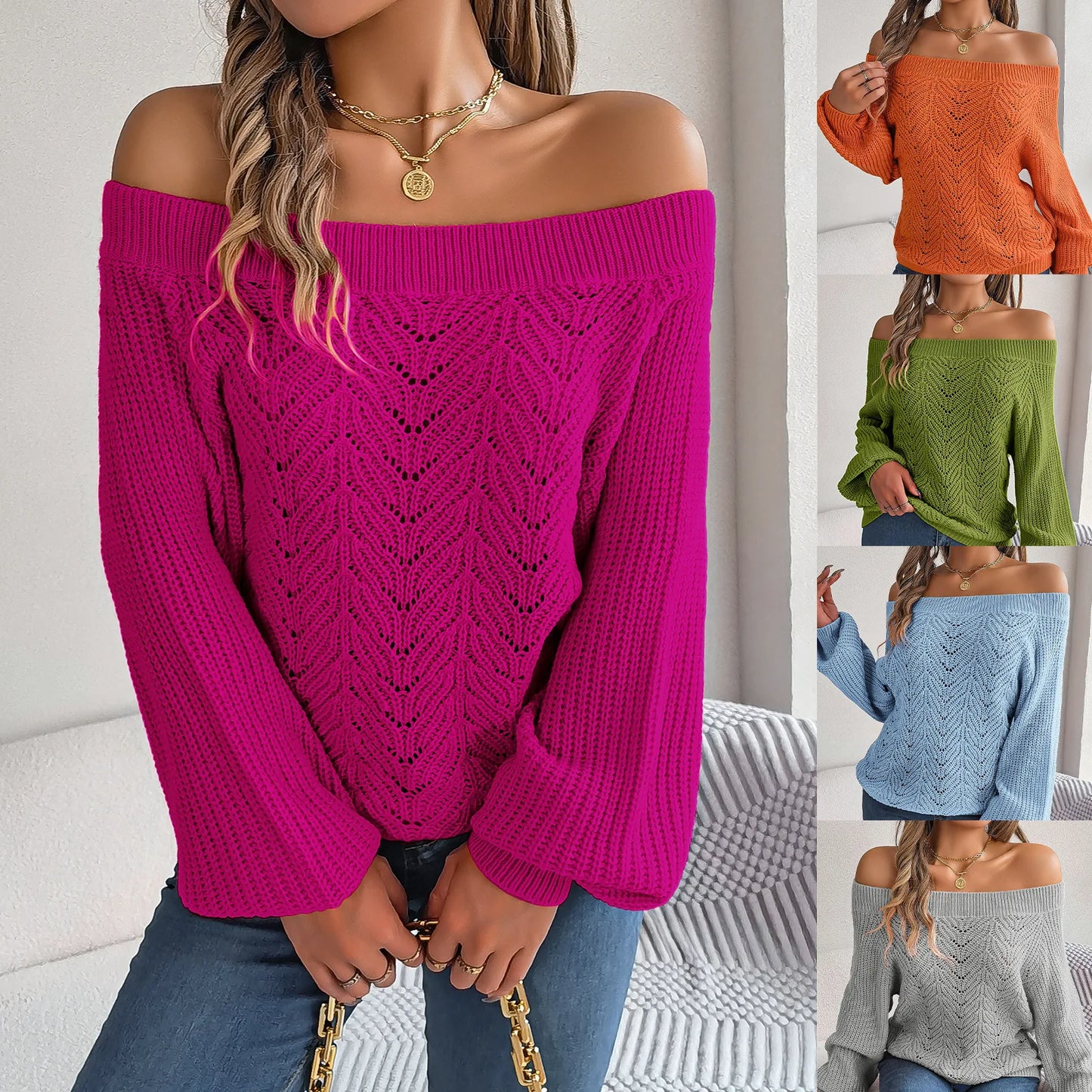 Casual Fashion Solid Color Hollow Out Sweater Off Shoulder Lantern Sleeve Knitted Pullover Women Clothes