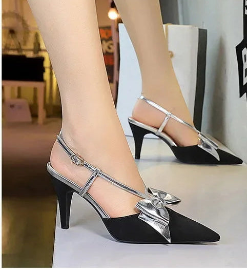 French Style Velvet Pointed Toe High Heels Hollow out Embroidery Butterfly Knot Party Shoes Women's Low Heel Single Shoes