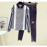 Office Lady Turn-down Collar Straight Loose Button Dress Shirts Blue Striped Long Sleeve Blouses Spring Thin Women's Clothing