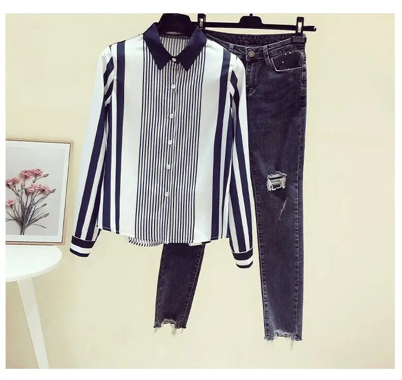 Office Lady Turn-down Collar Straight Loose Button Dress Shirts Blue Striped Long Sleeve Blouses Spring Thin Women's Clothing