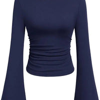 European and American Solid Color Boat Collar Flared Sleeve T-shirt for Women 2025 Autumn Slim Fit Pleated Slim Top Long Sleeves Natalia Home Fashion    Natalia Home Fashion