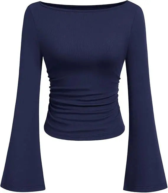 European and American Solid Color Boat Collar Flared Sleeve T-shirt for Women 2025 Autumn Slim Fit Pleated Slim Top Long Sleeves Natalia Home Fashion    Natalia Home Fashion
