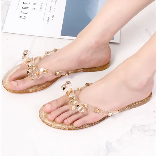 Women Jelly Slippers Rivets Studs Bow-Knot Leisure Daily Flip-Flops For Raining Days Anti-Slip Flat Slippers