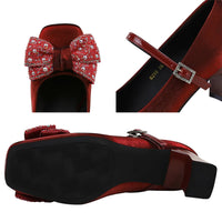 Rhinestone bow Women Pumps Coarse heel Women shoes middle heel Luxury banquet shoes satin square head Ladies shoes