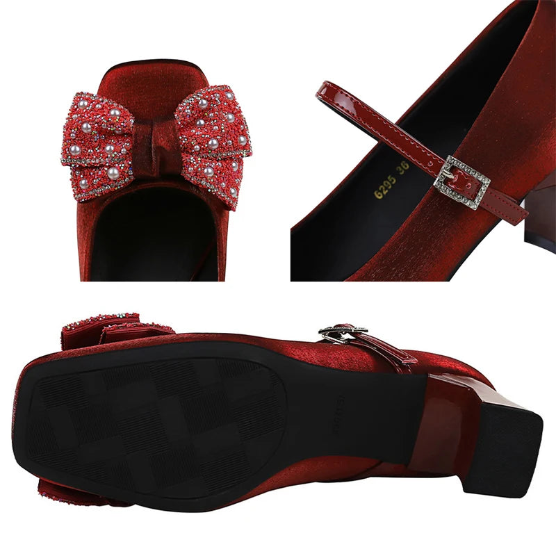 Rhinestone bow Women Pumps Coarse heel Women shoes middle heel Luxury banquet shoes satin square head Ladies shoes