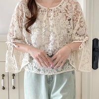 Round Neck Lace Shirt Women's Summer Floral Print Tie Dotted Cotton Blend Full Sleeve Slim Fit Button up Top