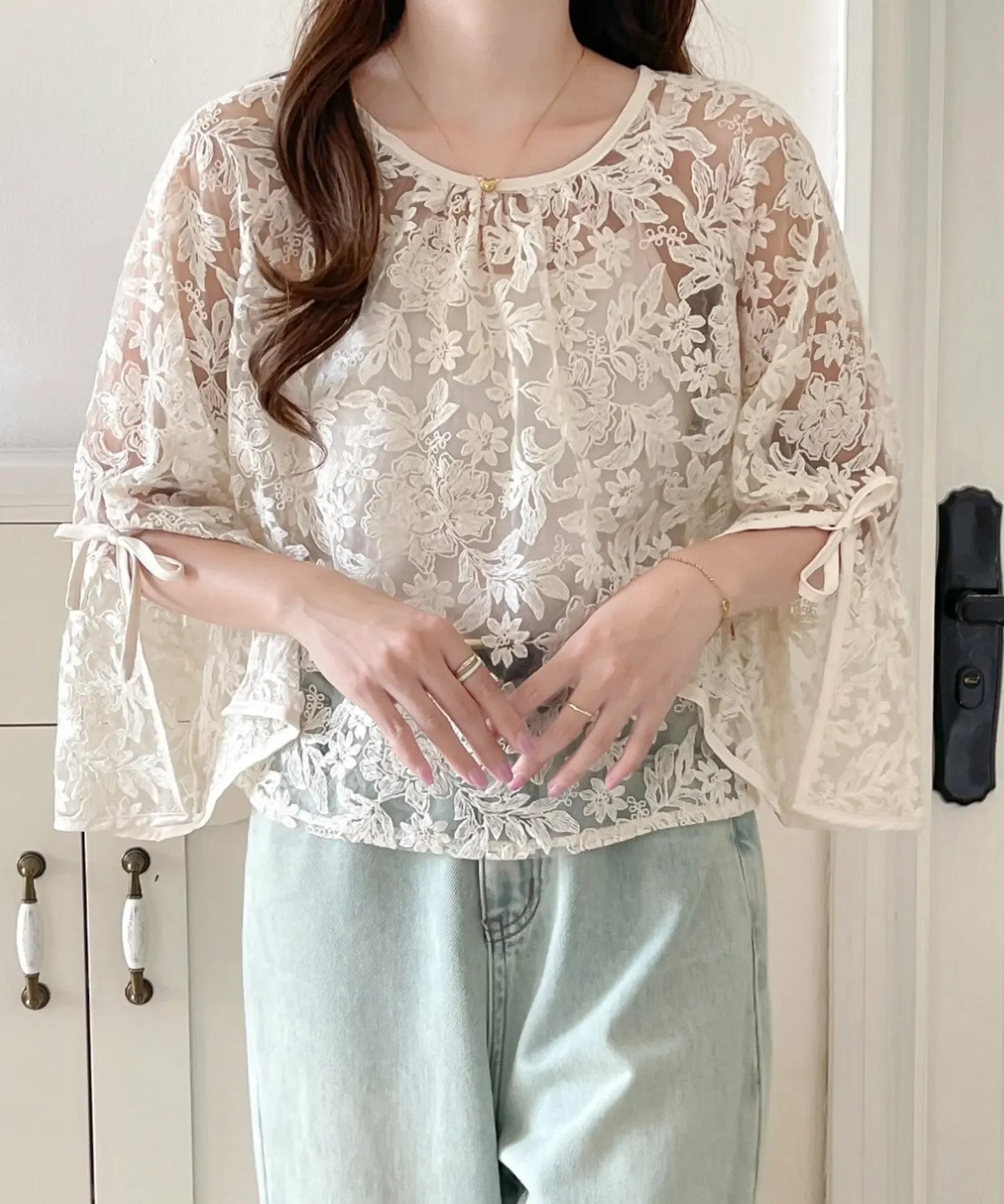 Round Neck Lace Shirt Women's Summer Floral Print Tie Dotted Cotton Blend Full Sleeve Slim Fit Button up Top
